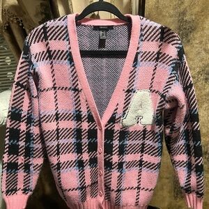 Forever 21 Pink and Black Plaid Cardigan with letter “A” appliqué.
